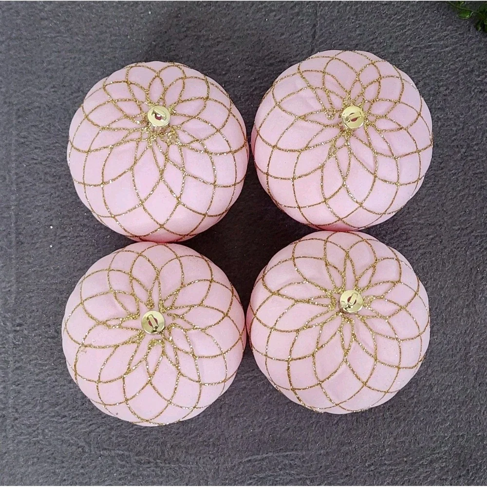 4 Pink Velvet‎ Flocked Christmas Ball Ornaments Gold Glitter Plastic 4